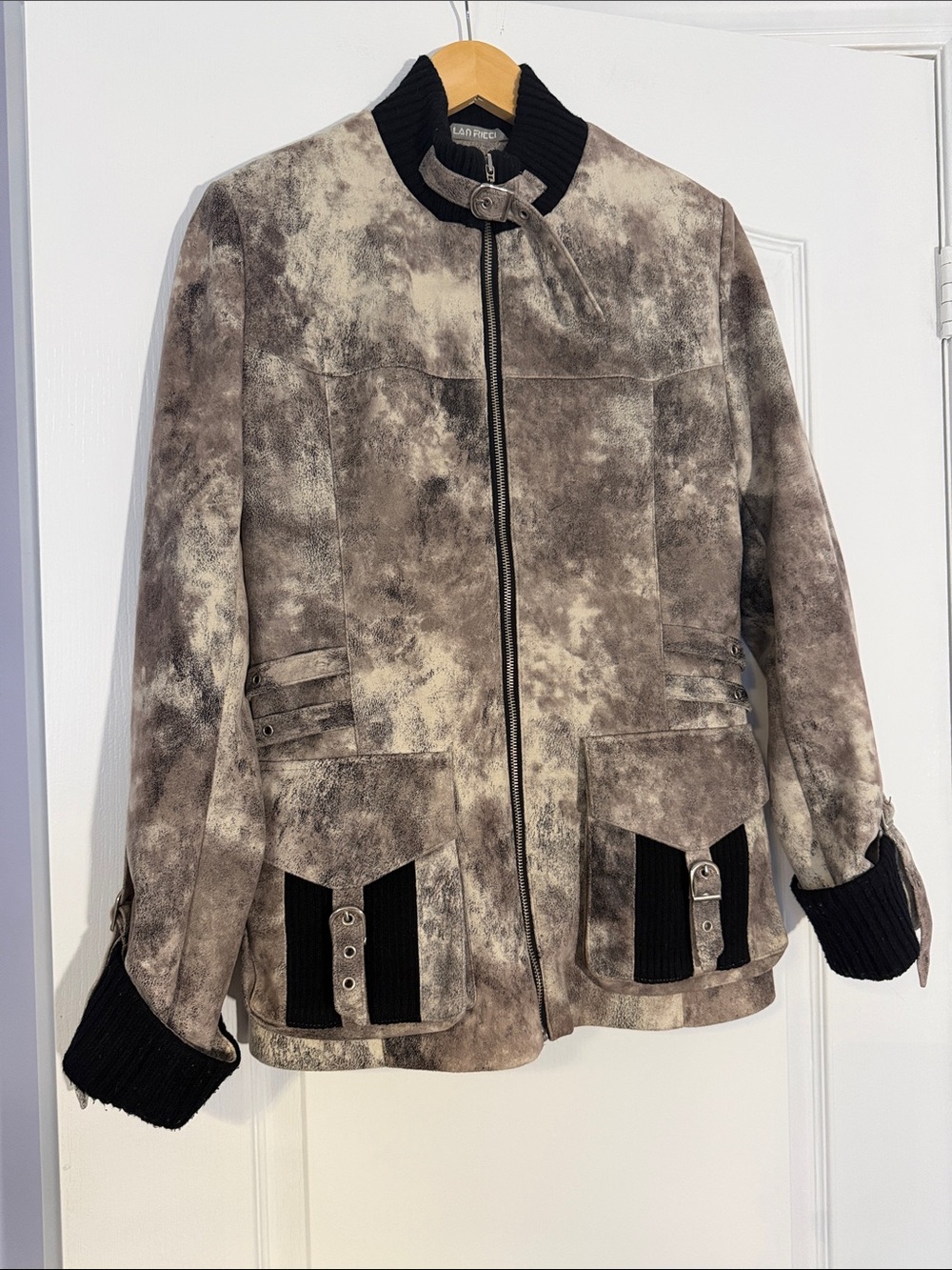 LAN RICCI Vintage Grey Distressed Faux Suede Moto Jacket Knit Trim XS